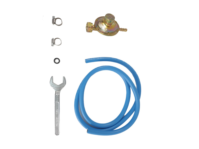 Kit regulator presiune gaz + garnitura, 2 metri furtun gaz, 2 coliere + cheie Kit regulator presiune gaz + garnitura, 2 metri furtun gaz, 2 coliere + cheie